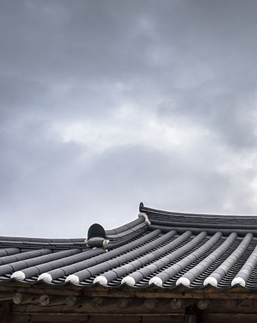 Dark tile roof edge against a cloudy sky