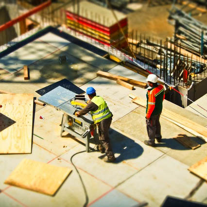 Crew working on a roof from above