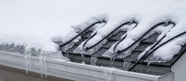 De-icing heating cable clipped along a snow-covered roof edge above an eavestrough with melting icicles