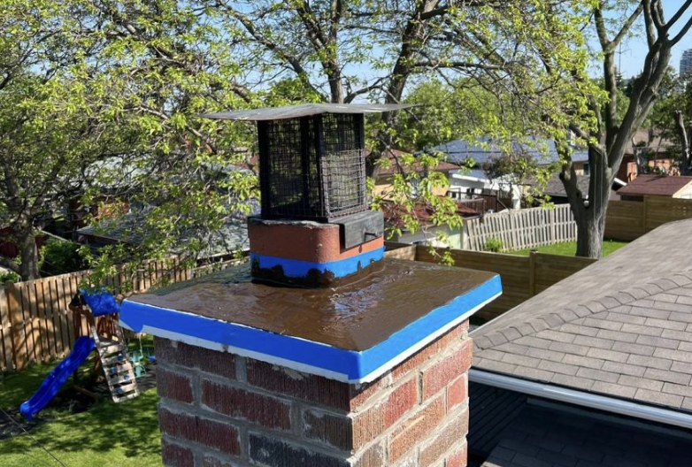 Brick chimney crown sealed and masked in blue, with a new chimney cap