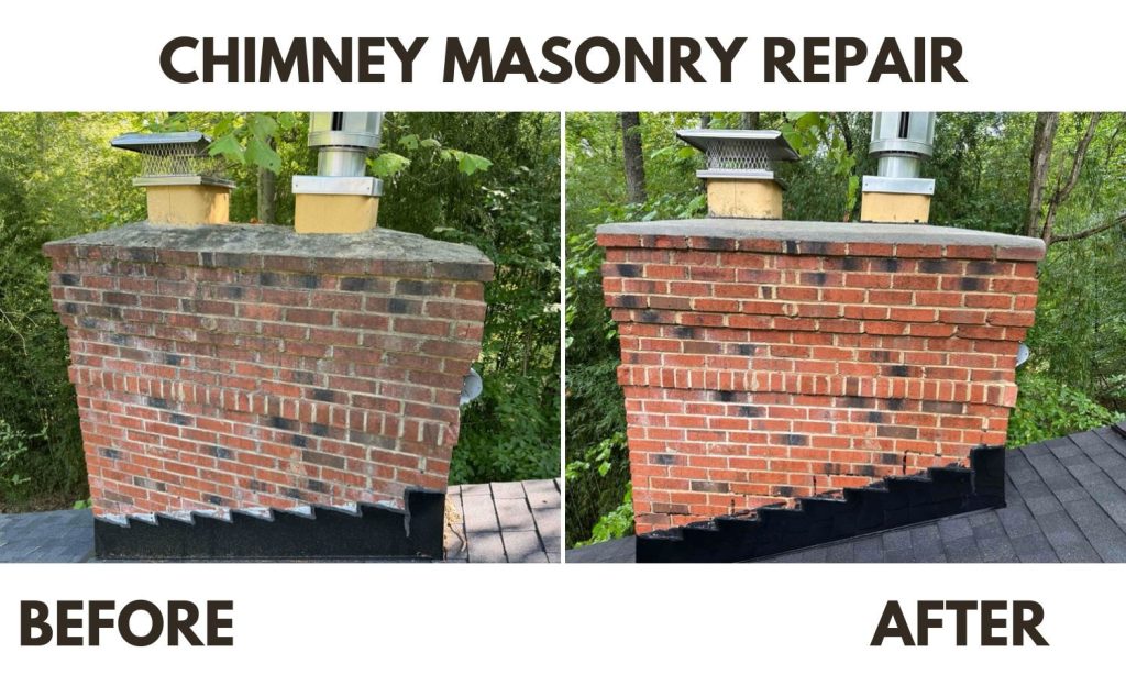 Chimney masonry repair before and after, with repointed brick and a refreshed crown