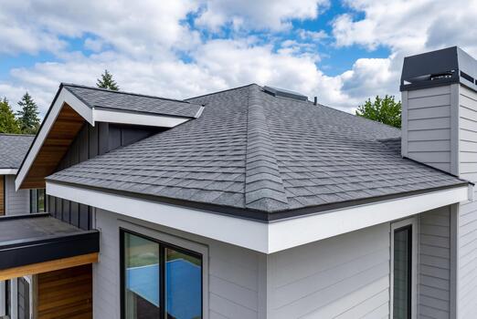Grey shingle roof with chimney on a modern house